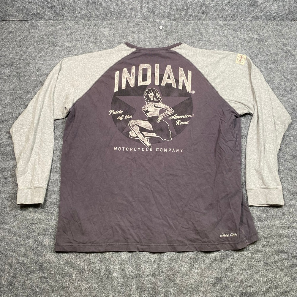 Indian Motorcycle Mens 3XL Gray Raglan Long Sleeve Pinup Graphic T-Shirt Logo